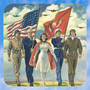 Pegatina Cuadrada Héroes Patrióticos Vintage, Personal Militar Orgul