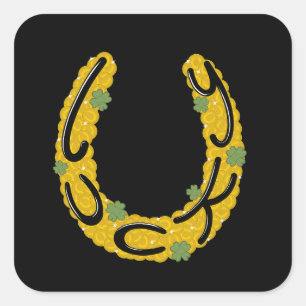 Pegatina Cuadrada Herradura Afortunada Cubierta de Monedas de Oro y