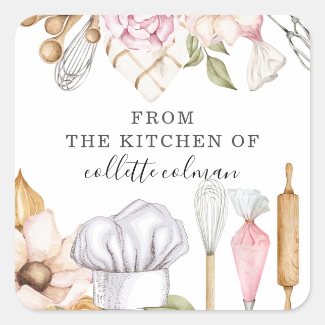 Pegatina Cuadrada Herramientas de Baker Baking | De La Cocina De (Anverso)