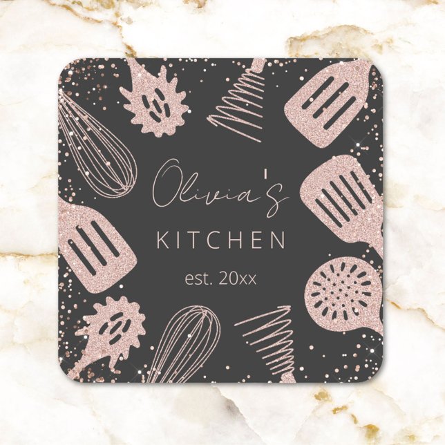 Pegatina Cuadrada Herramientas de cocina Rosa Purpurina de oro perso (Close up)