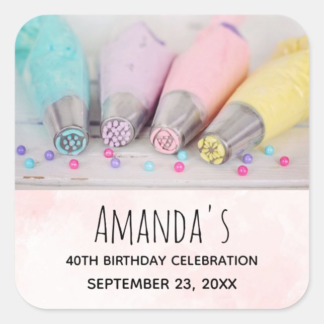 Pegatina Cuadrada Herramientas de decoración Pastel Cumpleaños (Anverso)