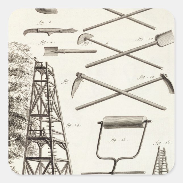 Pegatina Cuadrada Herramientas de jardinería y una plataforma de pod (Anverso)