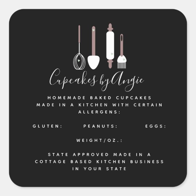 Pegatina Cuadrada Herramientas de panadería Logo Food Business Black (Anverso)