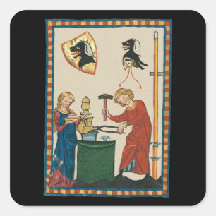 Pegatina Cuadrada Herrero Forjando Casco Arte Medieval