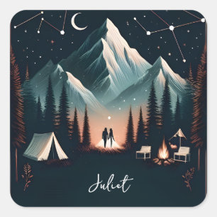 Pegatina Cuadrada Hervidad Forestal Sky Tree Fire Camping Brillante