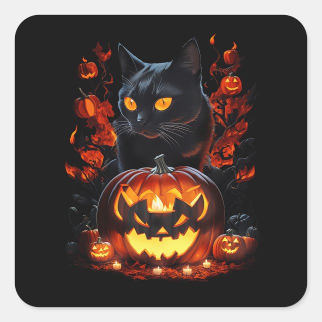 Pegatina Cuadrada Hex, la camiseta de gato negro de Halloween (Anverso)