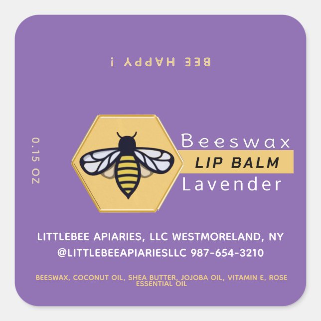 Pegatina Cuadrada HEXAGON Beeswax Lavender LIP BALM con BEE (Anverso)