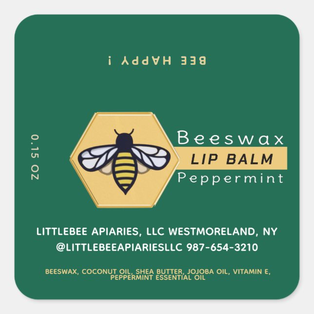 Pegatina Cuadrada HEXAGON Beeswax Peppermint LIP BALM con BEE (Anverso)
