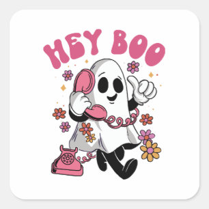 Pegatina Cuadrada Hey Boo - Groovy Ghost Halloween