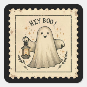 Pegatina Cuadrada Hey Boo Halloween Ghost Lantern
