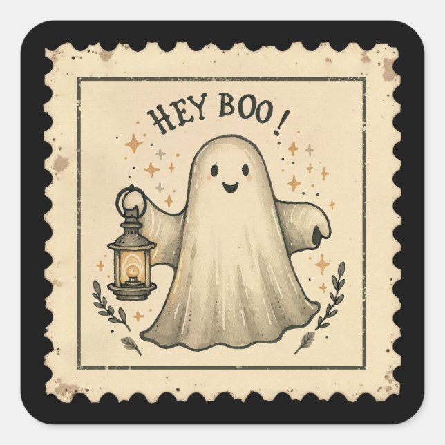 Pegatina Cuadrada Hey Boo Halloween Ghost Lantern (Anverso)