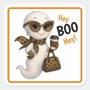 Pegatina Cuadrada Hey BOO Hey - Glam Leopard Print Bougie Ghost Tee
