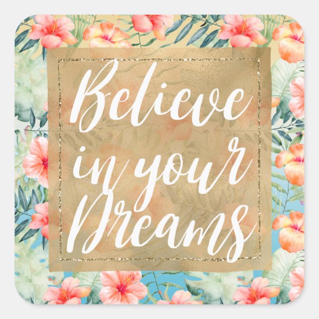 Pegatina Cuadrada Hibisco floral dorado sueño amarillo acuático rosa (Anverso)