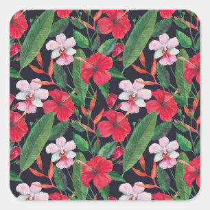 Pegatina Cuadrada hibiscos rojos, orquídeas, acuarela tropical.