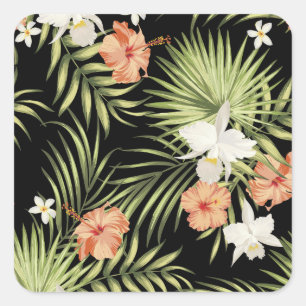 Pegatina Cuadrada Hibiscus Tropical: Patrón Floral Vintage