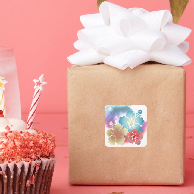 Pegatina Cuadrada Hibiscus Watercolor de Hawái (Fiesta)