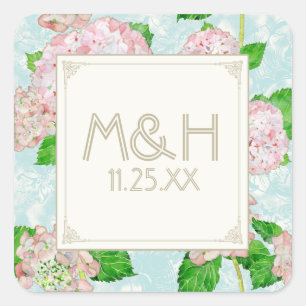 Pegatina Cuadrada Hidrangea rosa Lace Floral Elegante Bodas Formales