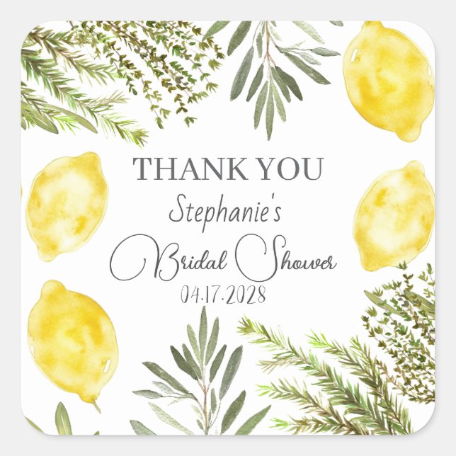 Pegatina Cuadrada Hierbas Botánicas Limones Regader de Novia Acuarel (Anverso)