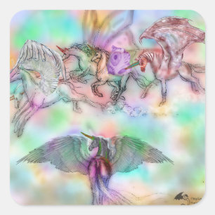 Pegatina Cuadrada Hígado de arcoiris de Unicornio alado Pegasus Pega