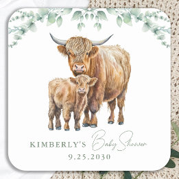 Pegatina Cuadrada Highland Cow Boho Greenery Sage Baby Shower