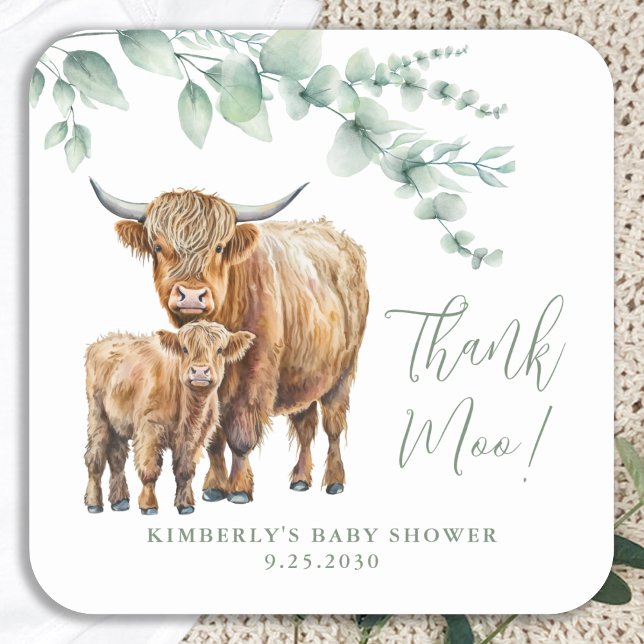 Pegatina Cuadrada Highland Cow Greenery Baby Shower Gracias (Subido por el creador)