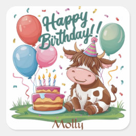 Pegatina Cuadrada Highland Cow Happy Birday