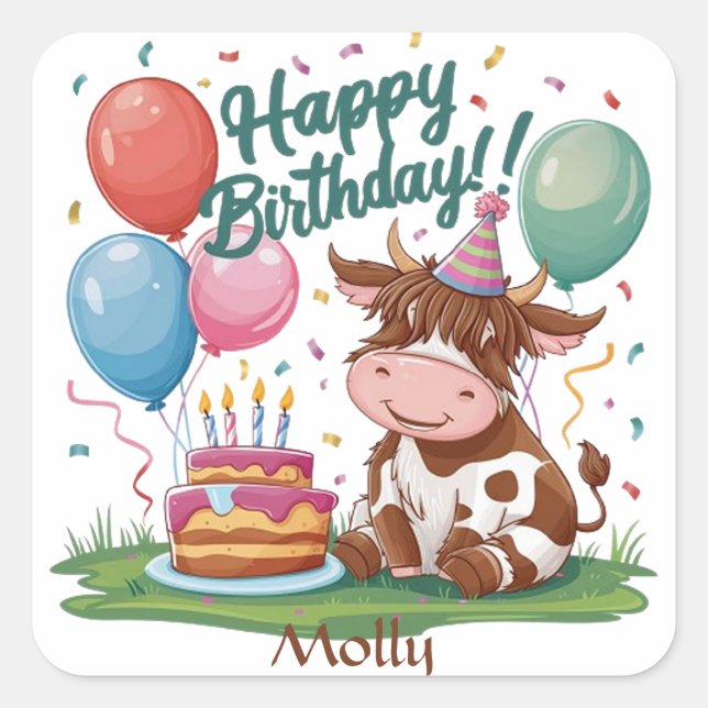 Pegatina Cuadrada Highland Cow Happy Birday (Anverso)