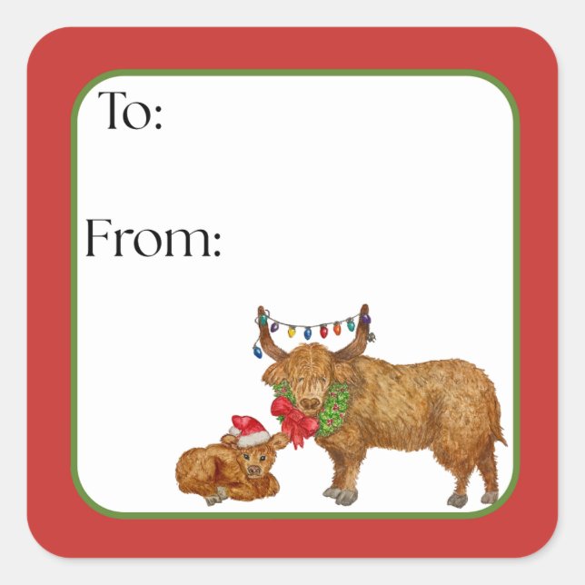Pegatina Cuadrada Highland Cow Holiday Sticker (Anverso)