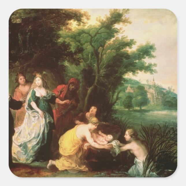 Pegatina Cuadrada Hija del faraón descubriendo a Moisés (Anverso)