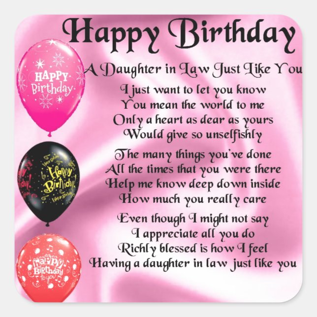 Pegatina Cuadrada Hija en poema de ley - Feliz cumpleaños (Anverso)