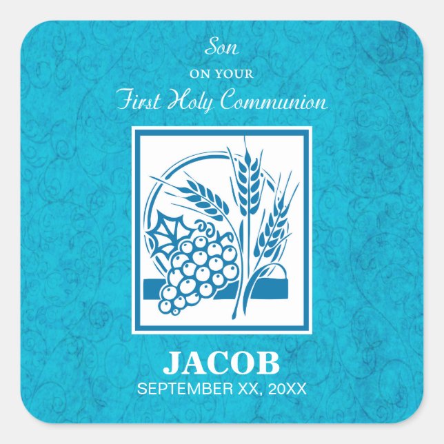 Pegatina Cuadrada Hijo, Primera Comunión, Trigo, Uvas Azules (Anverso)