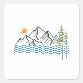 Pegatina Cuadrada hiking and camping in mountains graphic