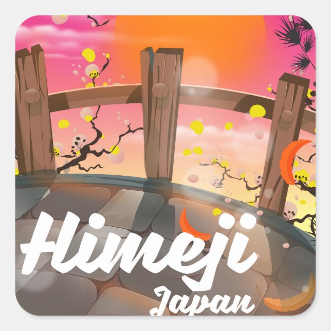 Pegatina Cuadrada Himeji Japón florece poster. (Anverso)