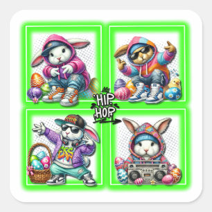 Pegatina Cuadrada Hip Hop Easter Bunny Buddies, Música, Neon Green