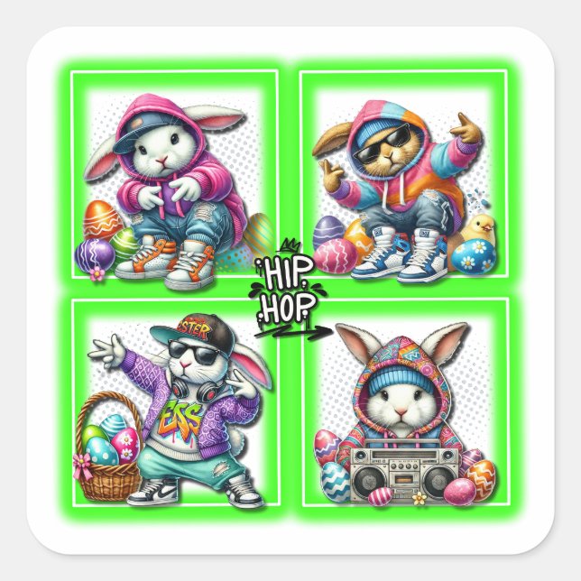 Pegatina Cuadrada Hip Hop Easter Bunny Buddies, Música, Neon Green | (Anverso)