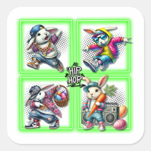 Pegatina Cuadrada Hip Hop Easter Bunny Buddies, Música, Neon Green
