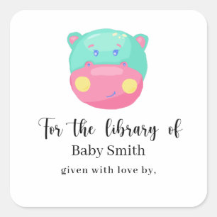 Pegatina Cuadrada Hipopótamo - Biblioteca para Baby Shower