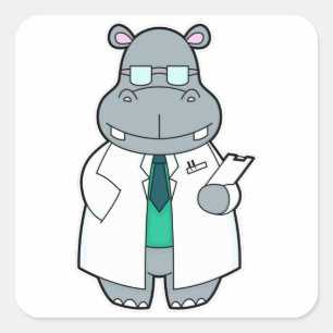 Pegatina Cuadrada Hipopótamo como médico con bata