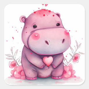 Pegatina Cuadrada Hipopótamo Corazón Lindo de San Valentín