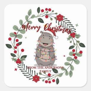 Pegatina Cuadrada Hipopótamo lindo árbol de Navidad animal de zoológ
