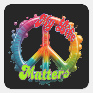 Pegatina Cuadrada Hippie Amor Paz La Vida Importa Personalizado