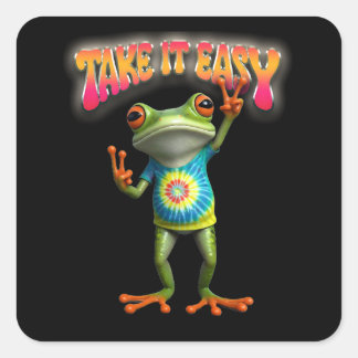 Pegatina Cuadrada Hippie Frog Take it Easy Fun Colorful 