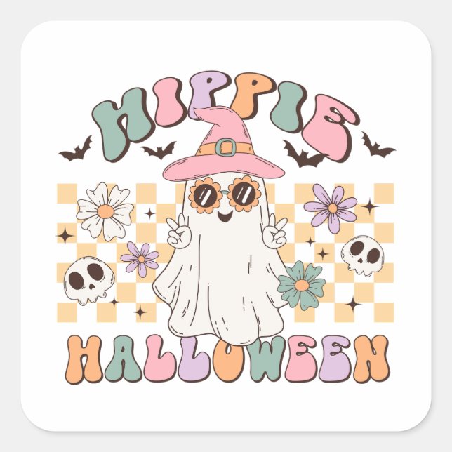 Pegatina Cuadrada Hippie Halloween Groovy Retro (Anverso)