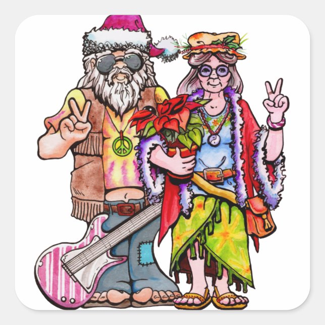 Pegatina Cuadrada Hippie Santa Couple (Anverso)