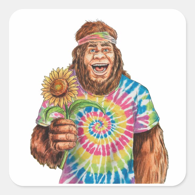 Pegatina Cuadrada Hippie Sasquatch Con Girasol (Anverso)