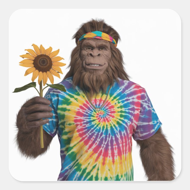 Pegatina Cuadrada Hippie Sasquatch en Tiedye con girasol (Anverso)