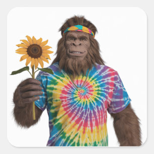 Pegatina Cuadrada Hippie Sasquatch en Tiedye con girasol