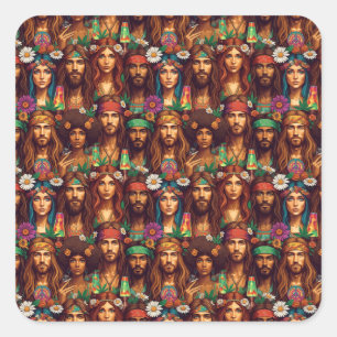 Pegatina Cuadrada Hippie Tapestry Groovy Psicodélica Era de Paz