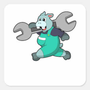 Pegatina Cuadrada Hippo como mecánico con llave
