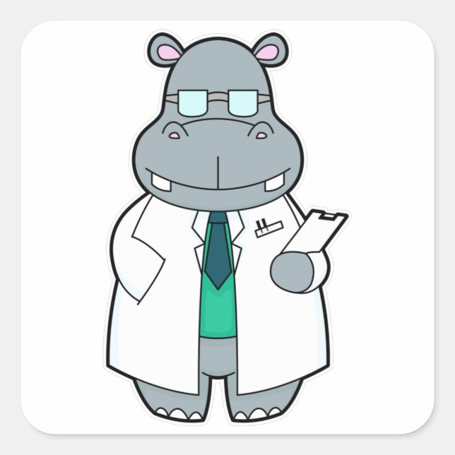 Pegatina Cuadrada Hippo como Médica con Smock (Anverso)